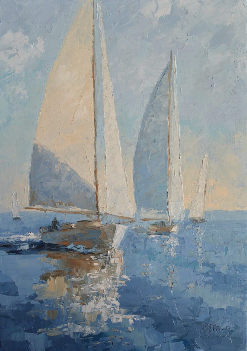 Impressionist Oil Painting of Sailing Boats | Ocean Seascape Wall Art 19.6"x13.7"